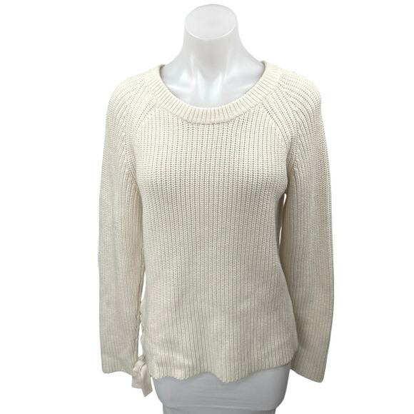 KUT From The Kloth Cream Ribbed Knit Lace Up Long Sleeve Sweater Top Size L - Picture 1 of 5